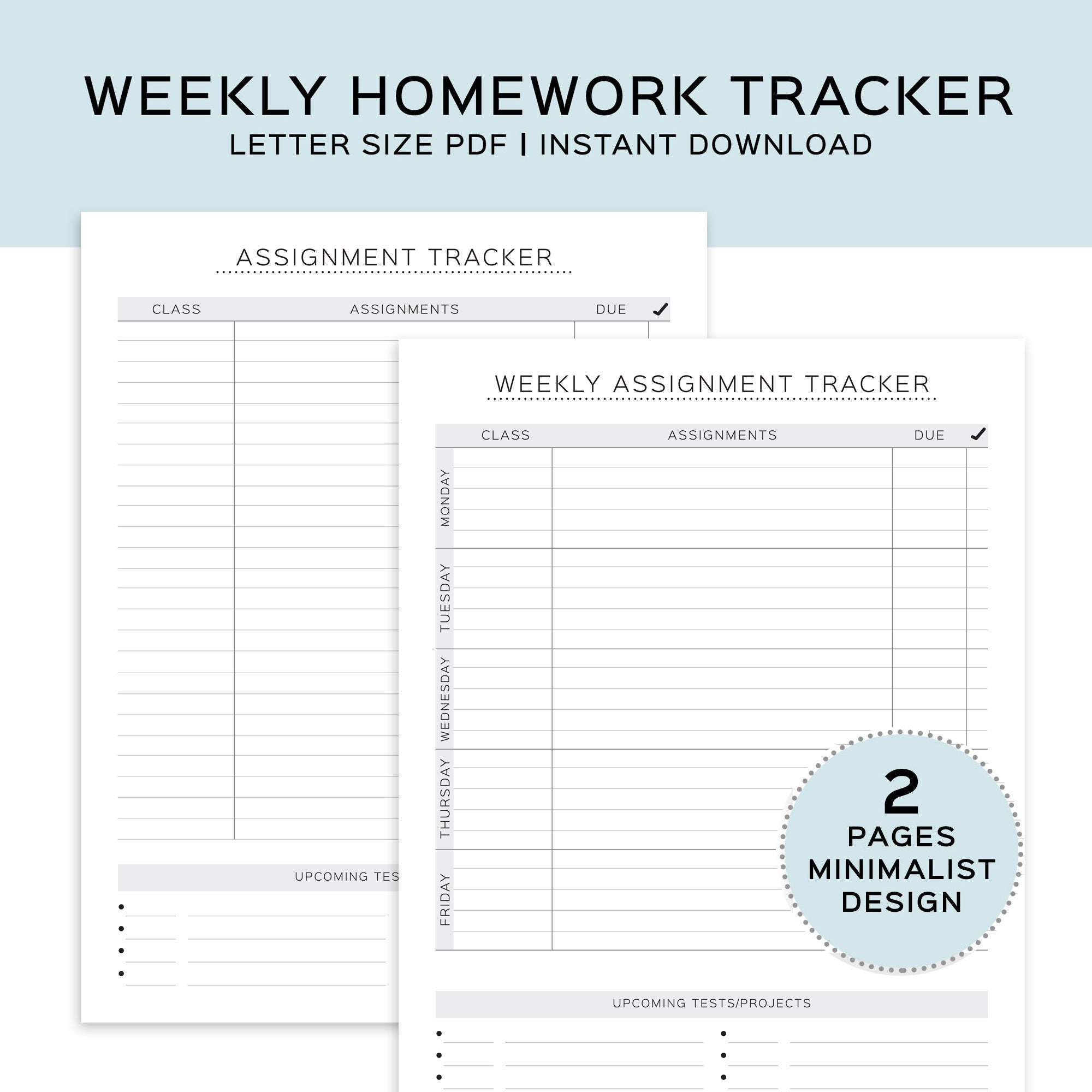 Afdrukbare opdrachtentracker, wekelijkse huiswerkplanner, terug naar school afdrukbaar, opdrachtenplanner, schoolwerk organiseren. Studieplanner