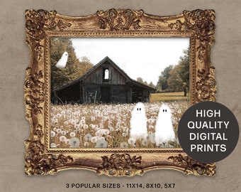 May include: A digital print in an ornate gold frame featuring a rustic wooden barn in a field of white dandelion seed heads. Three white ghost figures are positioned in the scene. A black circular overlay contains the text HIGH QUALITY DIGITAL PRINTS.