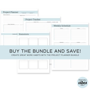 K&ouml;nnte beinhalten: Ein Bundle aus druckbaren Planerseiten mit hellblauem Header. Das Set enth&auml;lt einen Projektplaner, einen Projekt-Tracker, einen Wochenplan, Aktionsschritte und Brainstorming-Seiten. Der Text auf dem Bild lautet "BUY THE BUNDLE AND SAVE!" und "CREATE GREAT WORK HABITS WITH THE PROJECT PLANNER BUNDLE."