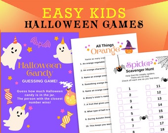 May include: A set of printable Halloween game sheets featuring a purple Halloween Candy Guessing Game card with ghosts, a bat, and candy, alongside an All Things Orange list and a Spider Scavenger Hunt sheet with numbered checkboxes.