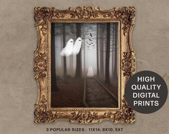May include: A framed digital print featuring a foggy forest path with three white ghost figures and flying bats. The ornate gold frame surrounds the artwork. Text on the image reads: HIGH QUALITY DIGITAL PRINTS and 3 POPULAR SIZES - 11x14, 8x10, 5x7.