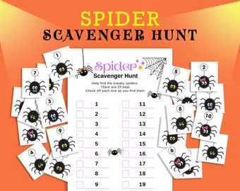 May include: A Spider Scavenger Hunt activity sheet with a central checklist and numerous small cards featuring black spiders with numbered tags, colourful bows, and green or yellow eyes, set against a bright orange background with yellow highlights.