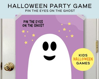 May include: A Halloween party game poster titled Pin the Eyes on the Ghost featuring a large white ghost with black eyes and a mouth on a purple background with yellow stars. A yellow circular badge reads Kids Halloween Games.