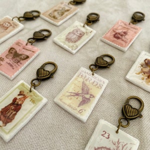 Vintage stamp floss ring charm / scissor fob / bag charm / cross sitch charm / zipper pull / stitching accessories / cross stitch