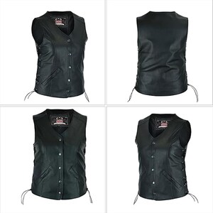 May include: Black leather vest with a V-neck, button closure, and side lacing details. Features two front pockets and a label on the upper chest. The vest is sleeveless and has a classic biker style.