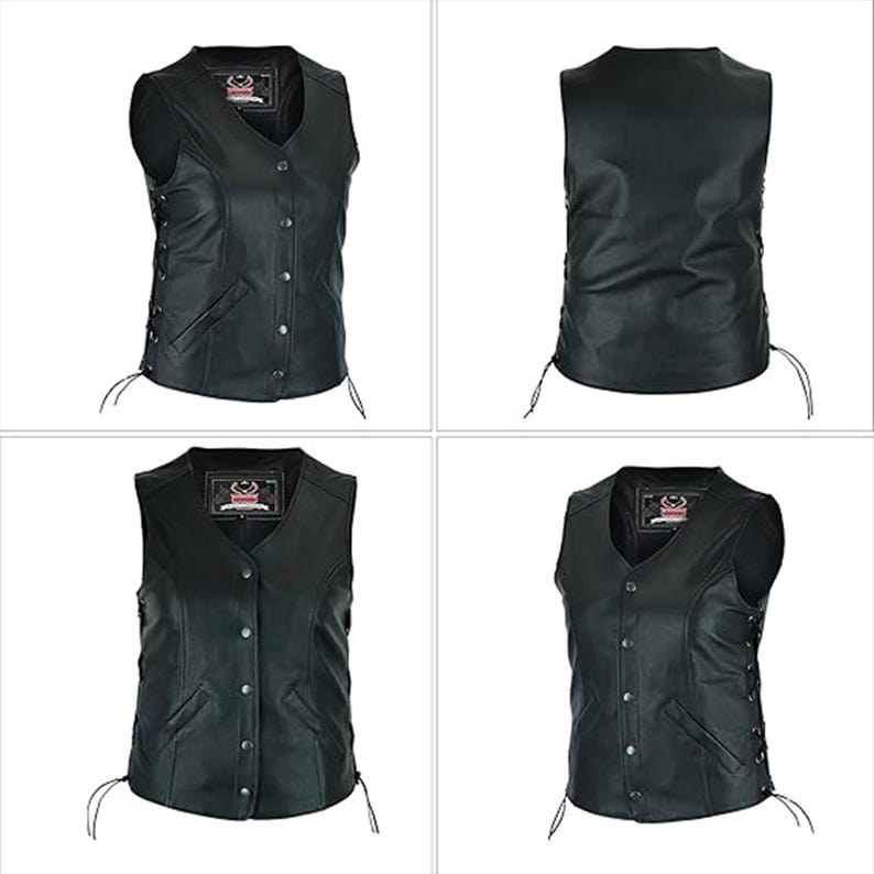 May include: Black leather vest with a V-neck, button closure, and side lacing details. Features two front pockets and a label on the upper chest. The vest is sleeveless and has a classic biker style.