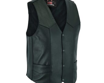 Men’s Biker Vest Economy Cowhide Black Motorcycle Vest with Unique V-Shaped Design and Multiple Pockets