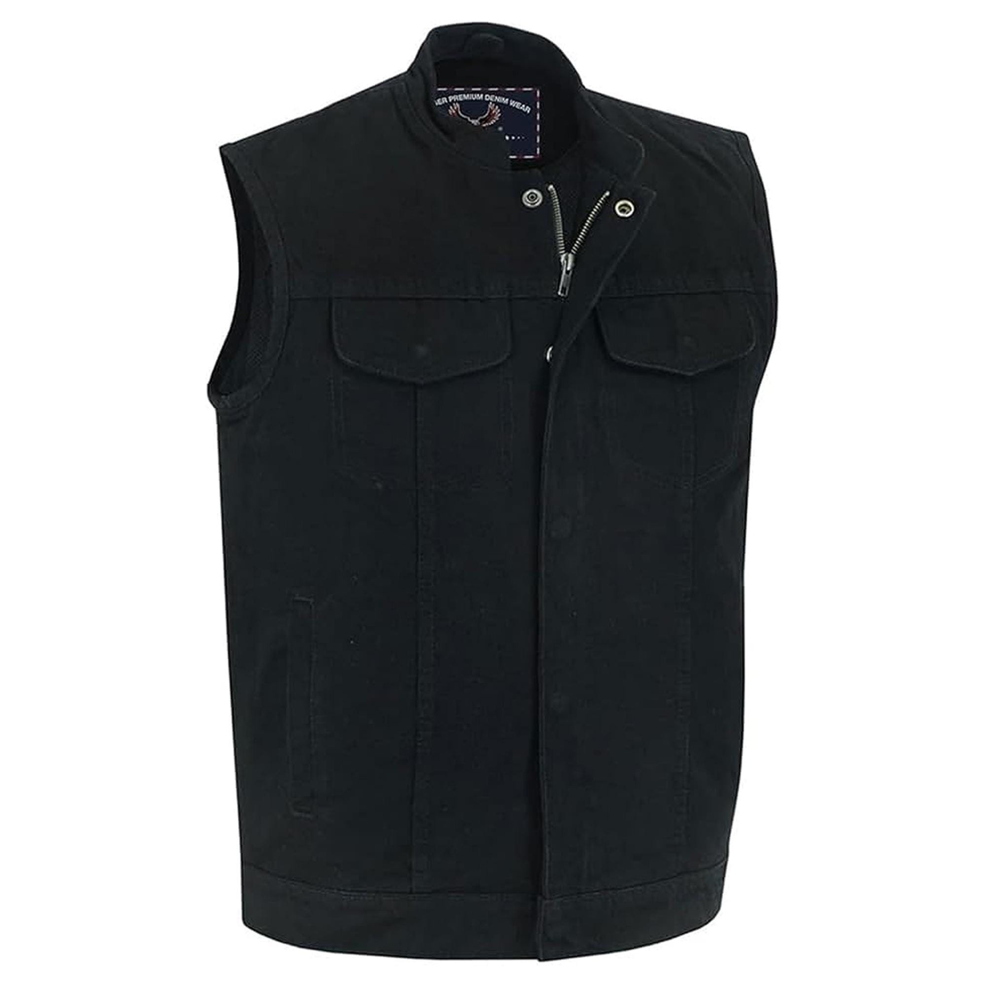 Men’s Black Denim Biker Vest with Concealed Carry | Heavy-Duty Motorcycle Vest for Riders | Adjustable Fit | Sizes XS–12XL