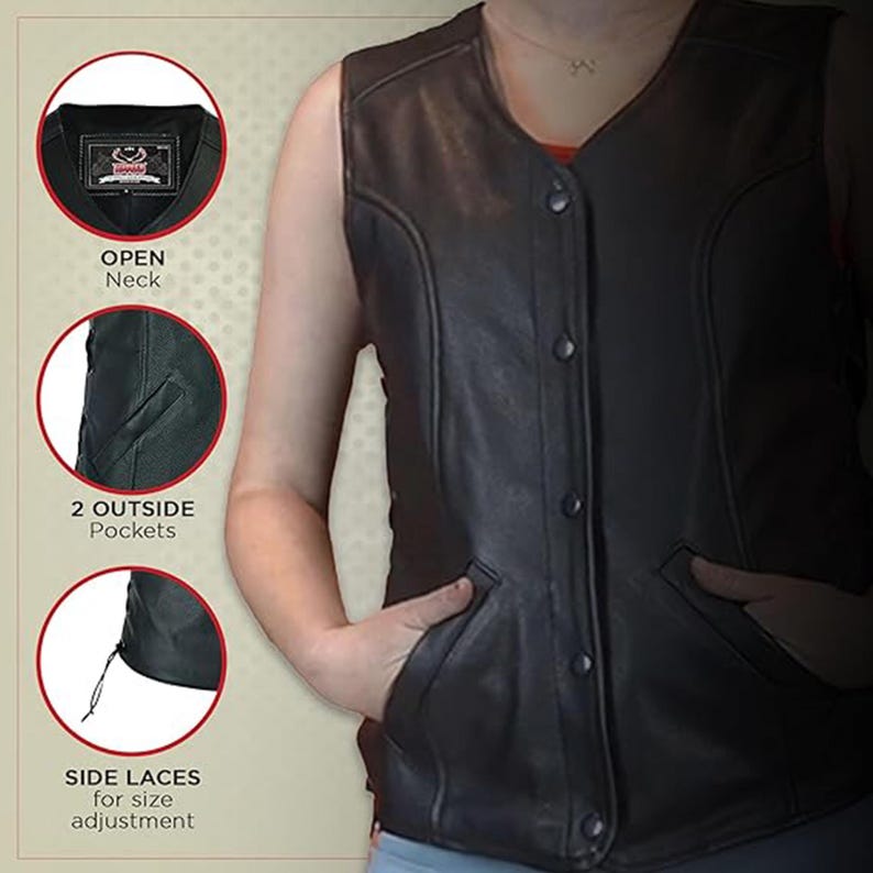 May include: Black leather vest with an open neck, three buttons, and two outside pockets. The vest has side laces for size adjustment. The image also shows details of the vest's features.