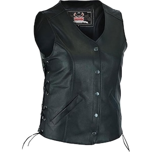 May include: Black leather vest with a V-neck, button closure, and side lacing. Features a small pocket and a label with text. A classic biker-style vest.