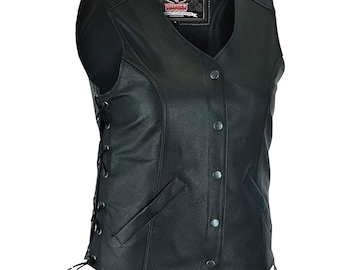 Women Leather Vest Open Neck Women Motorcycle Vest with Side Laces and Concealment Armory Pockets