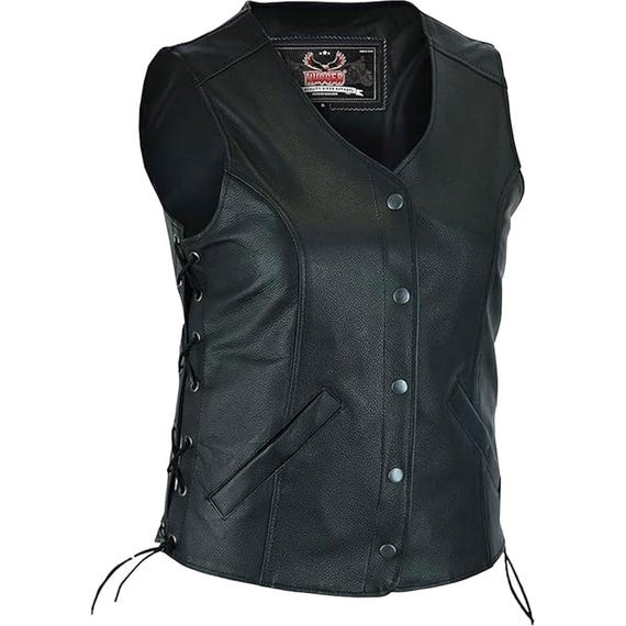 Women Leather Vest Open Neck Women Motorcycle Vest with Side Laces and Concealment Armory Pockets