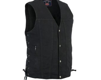 Biker Vest for Men | Hugger Blue & Black Motorcycle Denim Vest with Concealed Carry | Side Laces | Riding Gear | Sizes S–8XL