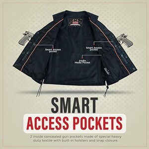 May include: Black vest with orange trim and the words "Smart Access Pockets." The vest has two concealed gun pockets and an inside media pocket. The text below the title says "2 inside concealed gun pockets made of special heavy duty textile with built-in holsters and snap closure."