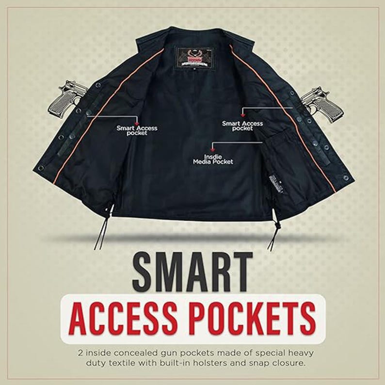 May include: Black vest with orange trim and the words "Smart Access Pockets." The vest has two concealed gun pockets and an inside media pocket. The text below the title says "2 inside concealed gun pockets made of special heavy duty textile with built-in holsters and snap closure."