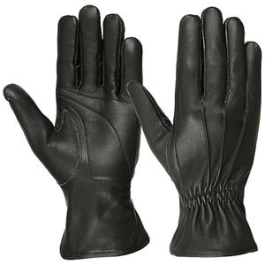 May include: A pair of black leather gloves. The gloves have a classic design with a smooth texture and visible stitching. The gloves are shown from the front, with the fingers spread out, showcasing the details of the leather and construction.