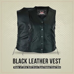 May include: Black leather vest with a button-up front, two front pockets, and a V-neck. The vest has a label on the upper chest and side laces. The text "BLACK LEATHER VEST" is displayed at the bottom of the image.