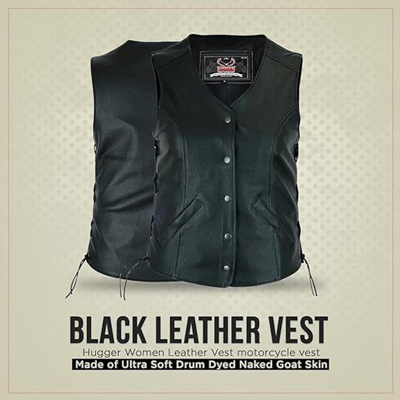 May include: Black leather vest with a button-up front, two front pockets, and a V-neck. The vest has a label on the upper chest and side laces. The text "BLACK LEATHER VEST" is displayed at the bottom of the image.
