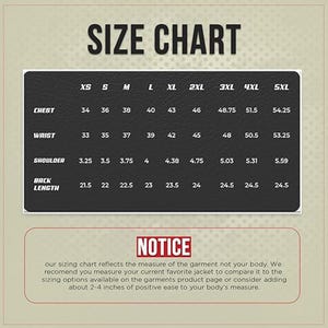 May include: A size chart for jackets, with measurements in inches for chest, waist, shoulder, and back length. Sizes range from XS to 5XL. The chart includes a notice about measuring garments for comparison.