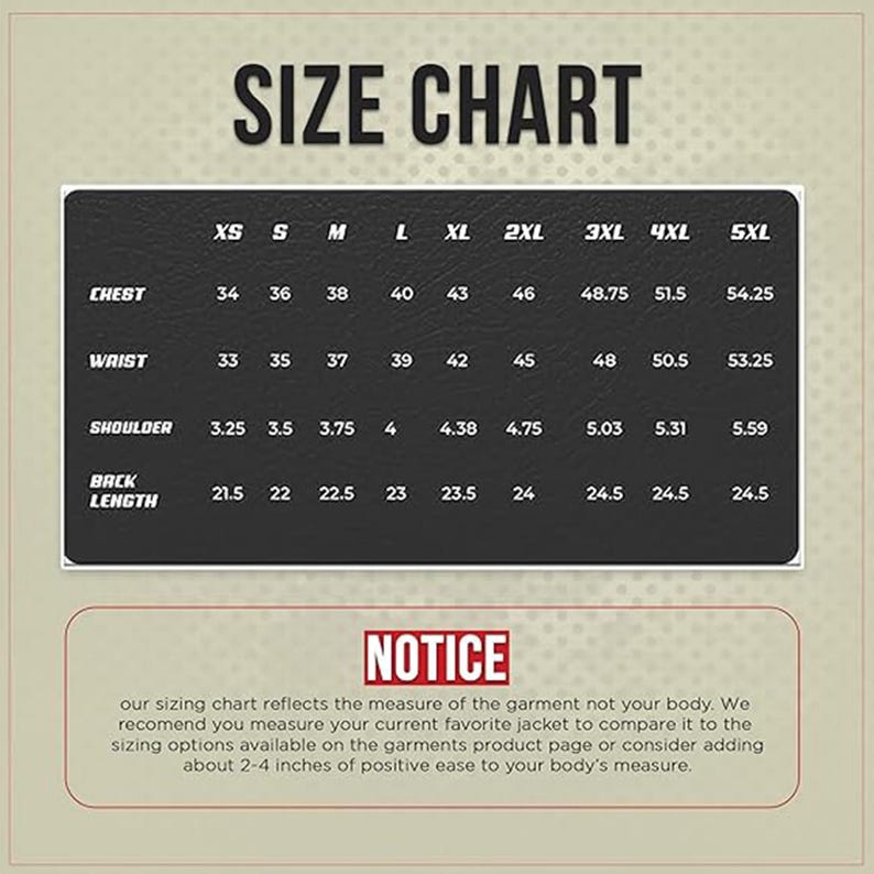 May include: A size chart for jackets, with measurements in inches for chest, waist, shoulder, and back length. Sizes range from XS to 5XL. The chart includes a notice about measuring garments for comparison.
