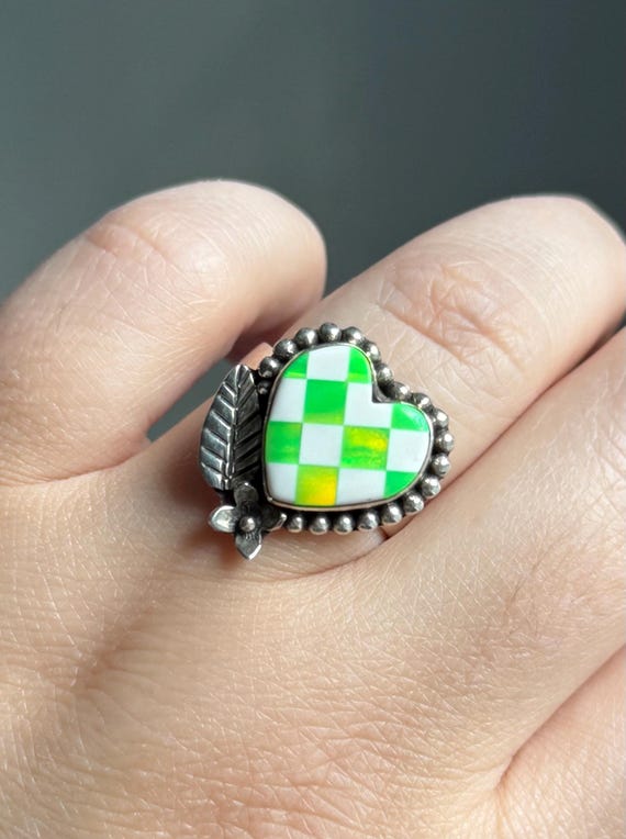 Checkered Green Aurora Opal Heart Ring | Size 8.5 | Aurora Opal | Jewelry | Rings | Statement Rings