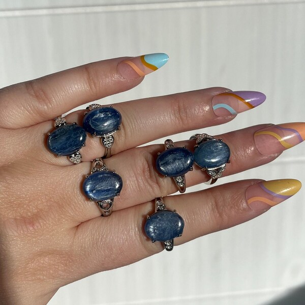 Blue Kyanite Ring, 925 Blue Kyanite Ring, Size 6,7,8,9, gemstone rings, crystal jewelry, white bronze