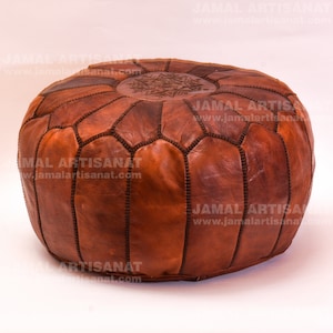 leather pouffe,handmade moroccan pouffe , round pouffe, embroidered circular pouffe, natural brown pouffe,darck cognac cuchions,black pouffe