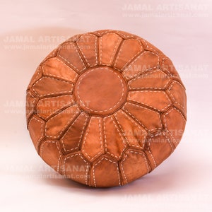 handmade moroccan pouffe,premium leather seat,round pouffe with traditional stitching,leather seat pillow,leather cushion ,coushion moroccan