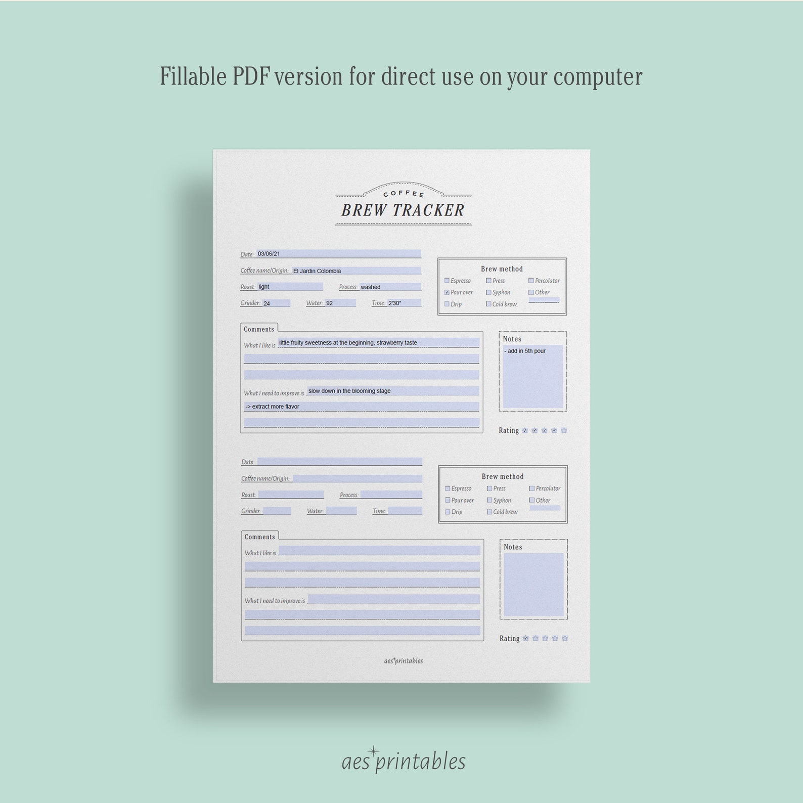 PRINTABLE Coffee Brew Tracker PDF Fillable A5 A4 & US Letter Etsy