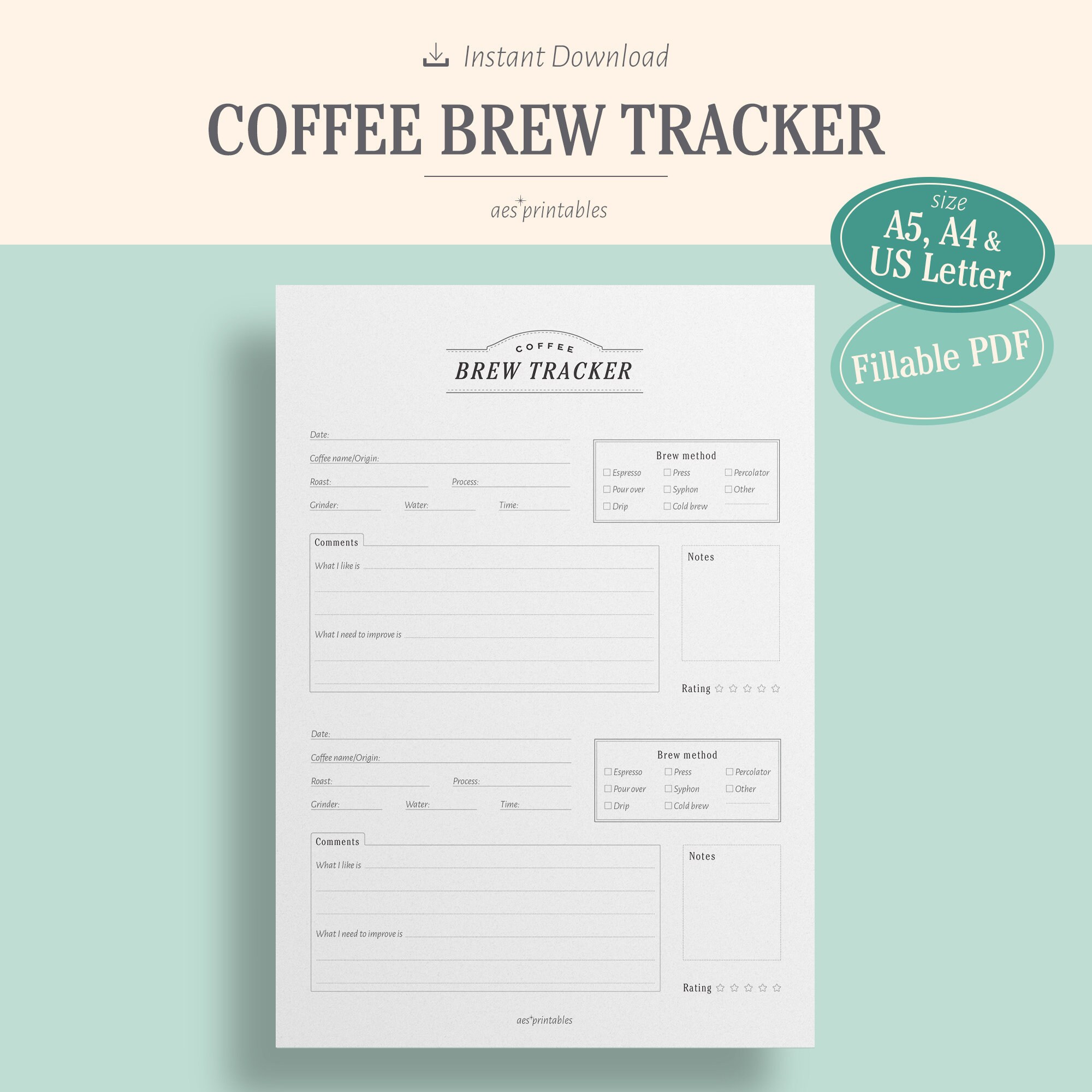 PRINTABLE Coffee Brew Tracker PDF Fillable A5 A4 & US Letter Etsy