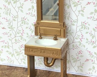 Dollhouse 1:12 scale size metal sink with mirror