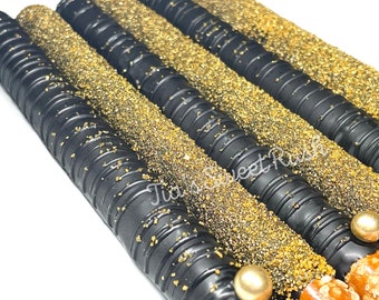 12 Pack Black and Gold Pretzels Pretzels Dipped Pretzels Pretzel Rods Pretzel Sticks Anniversary Gifts New Years Treats