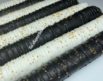 12 Pack | Black and White Pretzels | Gold Pretzels | Dipped Pretzels | Pretzel Rods| Anniversary | Gifts| New Years Treats | Wedding