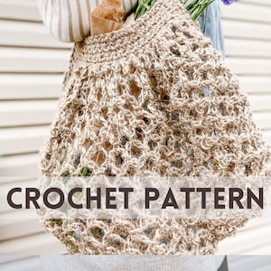 May include: A close-up of a crocheted market bag made of natural jute twine. The bag is a light brown color and has a large, open weave. The text "CROCHET PATTERN" is printed in black at the bottom of the image.