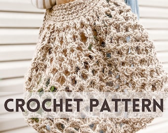May include: A close-up of a crocheted market bag made of natural jute twine. The bag is a light brown colour and has a large, open weave. The text "CROCHET PATTERN" is printed in black at the bottom of the image.