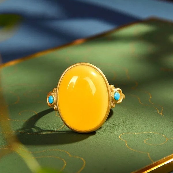 Amber Classic oval and turquoises ring,egg yolk amber ring multi-Gemstone ring,Adjustable ring