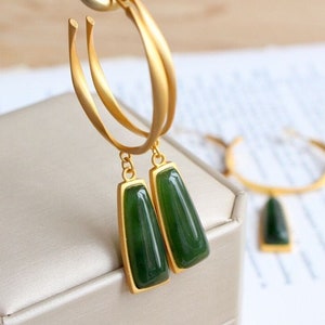 Natural jade pendant earrings,Gold hoop earrings,Green jade earrings,Natural jade jewelry,Mothers Day gift, image 1