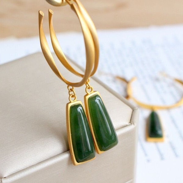 Natural jade pendant earrings,Gold  hoop earrings,Green jade earrings,Natural jade jewelry,Mother’s Day gift,