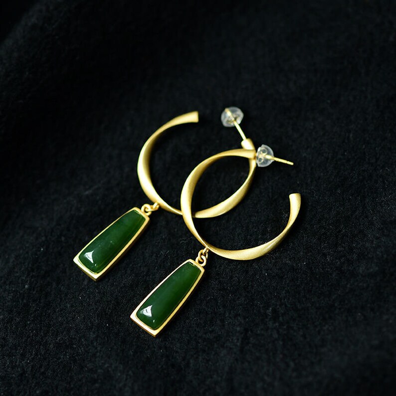 Natural jade pendant earrings,Gold hoop earrings,Green jade earrings,Natural jade jewelry,Mothers Day gift, image 8
