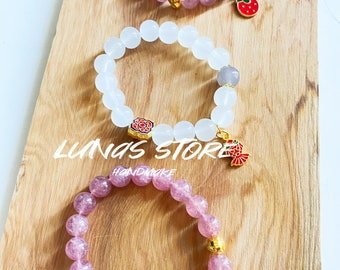 Natural Strawberry Quartz beads bracelet,with white jade beads and cloisonne Pendant,Natural white jade beads bracelet,10mm,Valentine's gift