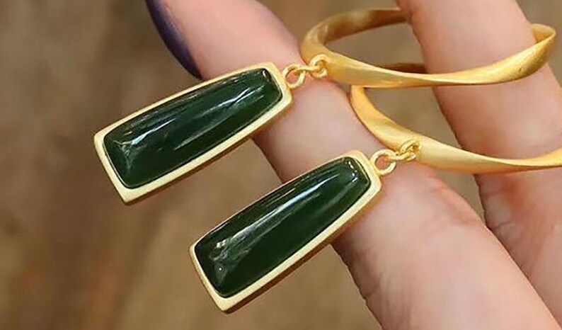 Natural jade pendant earrings,Gold hoop earrings,Green jade earrings,Natural jade jewelry,Mothers Day gift, image 7