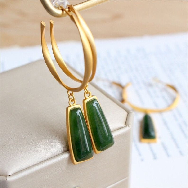 Natural jade pendant earrings,Gold hoop earrings,Green jade earrings,Natural jade jewelry,Mothers Day gift, image 1