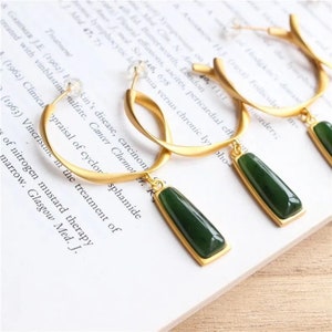 Natural jade pendant earrings,Gold hoop earrings,Green jade earrings,Natural jade jewelry,Mothers Day gift, image 3