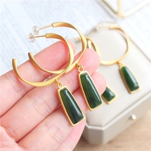 Natural jade pendant earrings,Gold hoop earrings,Green jade earrings,Natural jade jewelry,Mothers Day gift, image 6