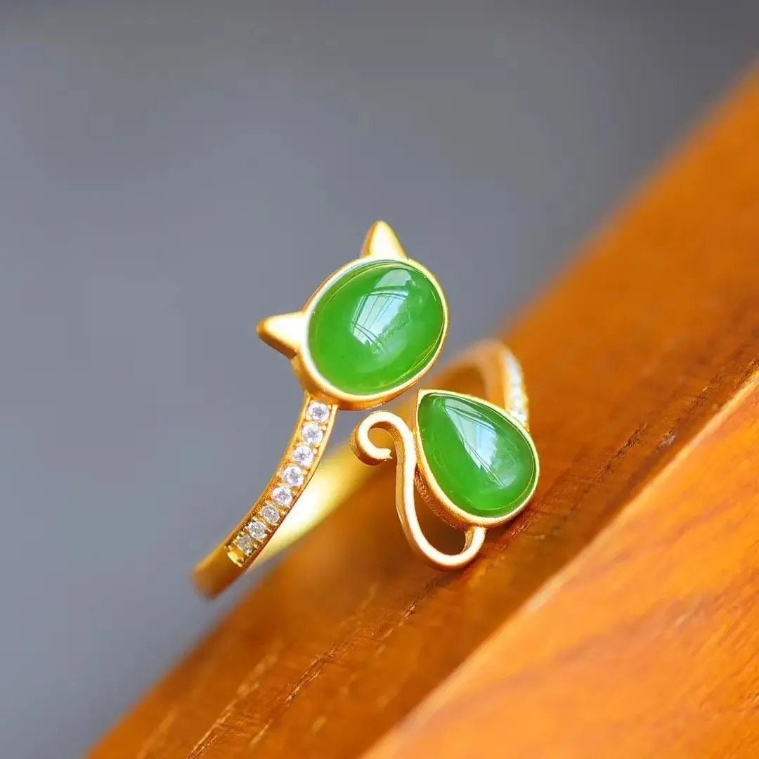 Natural Jade Ring Cute Cat Ring Adjustable Wrap Ring Cute Etsy
