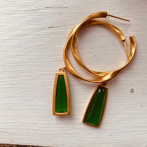 Natural jade pendant earrings,Gold hoop earrings,Green jade earrings,Natural jade jewelry,Mothers Day gift, image 2