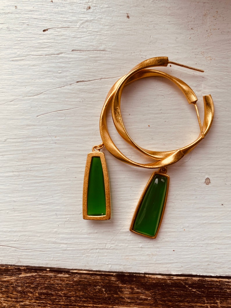 Natural jade pendant earrings,Gold hoop earrings,Green jade earrings,Natural jade jewelry,Mothers Day gift, image 2