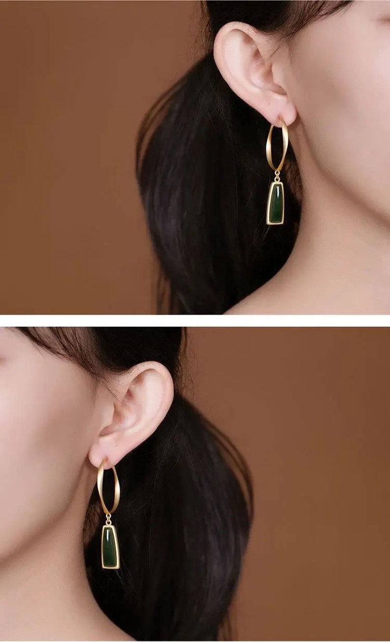 Natural jade pendant earrings,Gold hoop earrings,Green jade earrings,Natural jade jewelry,Mothers Day gift, image 9