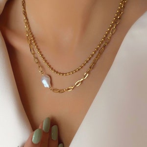 Gold Necklace with Pearl Double Chain, Stainless Steel Non Tarnish Jewelry