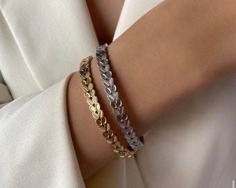 Gold Leaf Bangle Bracelet, Stainless Steel Bracelet, Waterproof Tarnish Resistant Jewelry, Nature Inspired Gift for Women